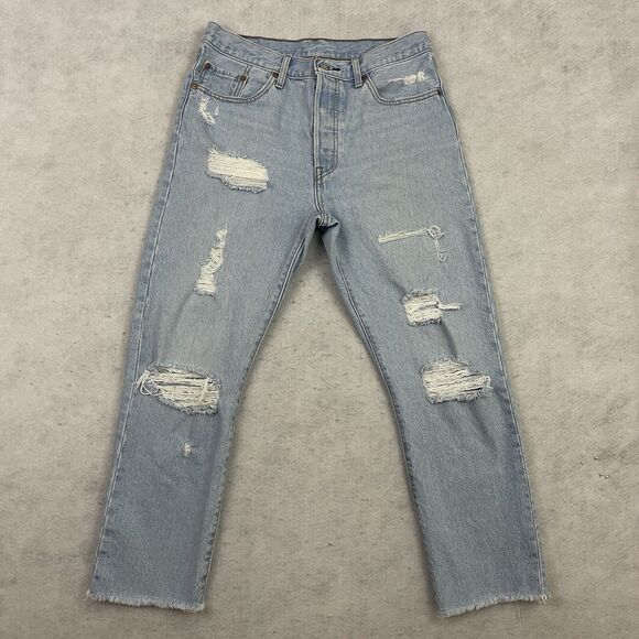 Levis 501 Jeans Womens 29X26 Blue High Rise Button Fly Crop Distressed Denim - Picture 3 of 14